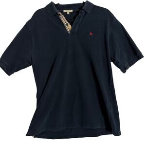 Burberry London Polo Shirt Mens L Navy Nova Check Trim Short Sleeve Cotton